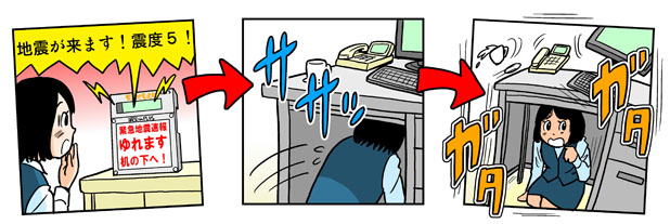 緊急地震速報を知り机の下に潜り身の安全を確保するイメージ
